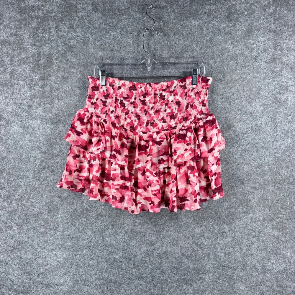 Blu Pepper Women's Large Pink Floral Smocked High Waist Tiered Mini Skirt Lined